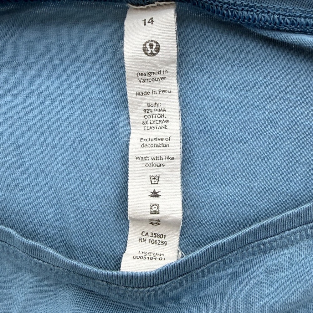 Lululemon Back In Action Short Sleeve Tee Womens 14 Blue Pima Cotton Relaxed Fit - Picture 3 of 7